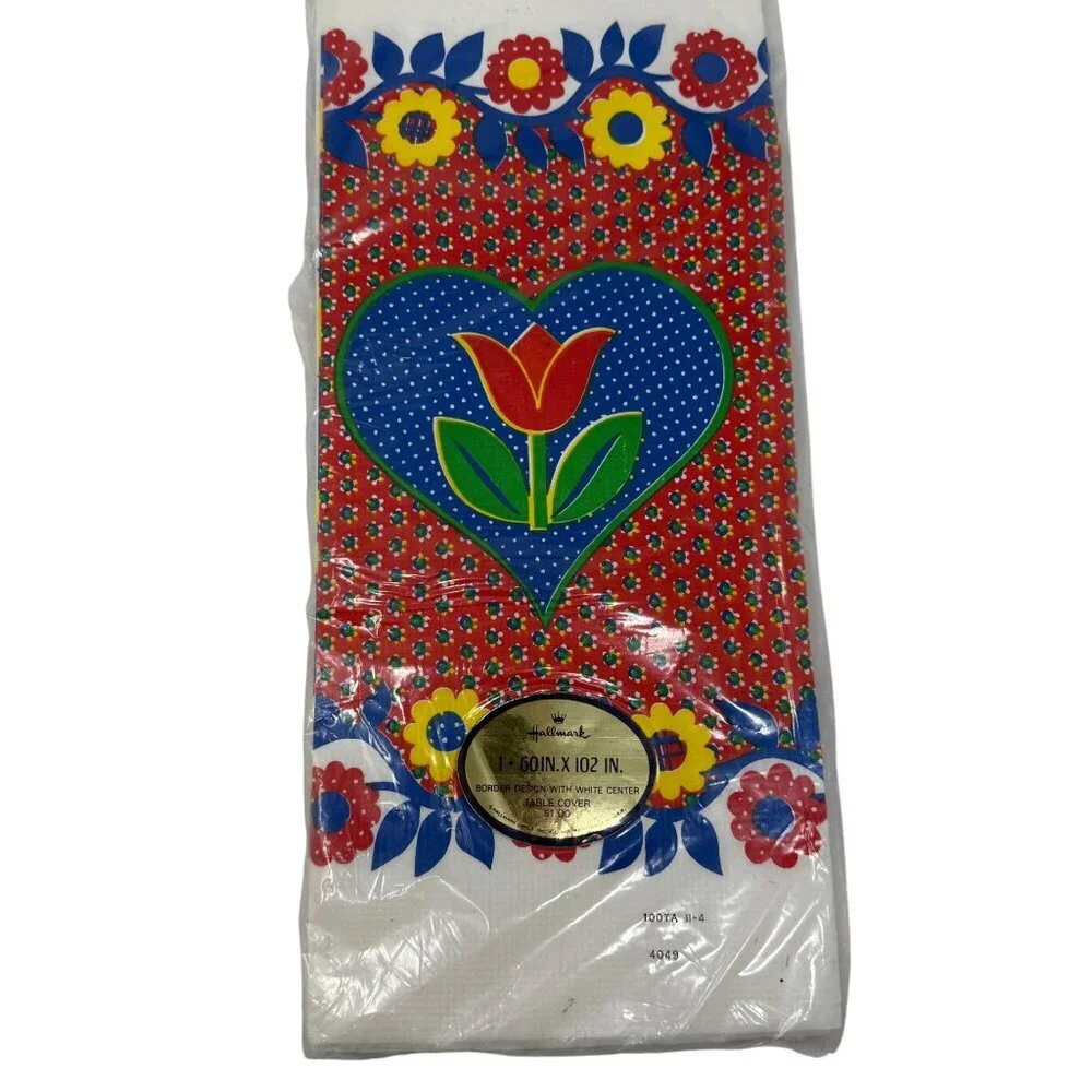 Vintage Hallmark Tulip Floral Table Cover 60X102 Red Blue Border Tablecloth New